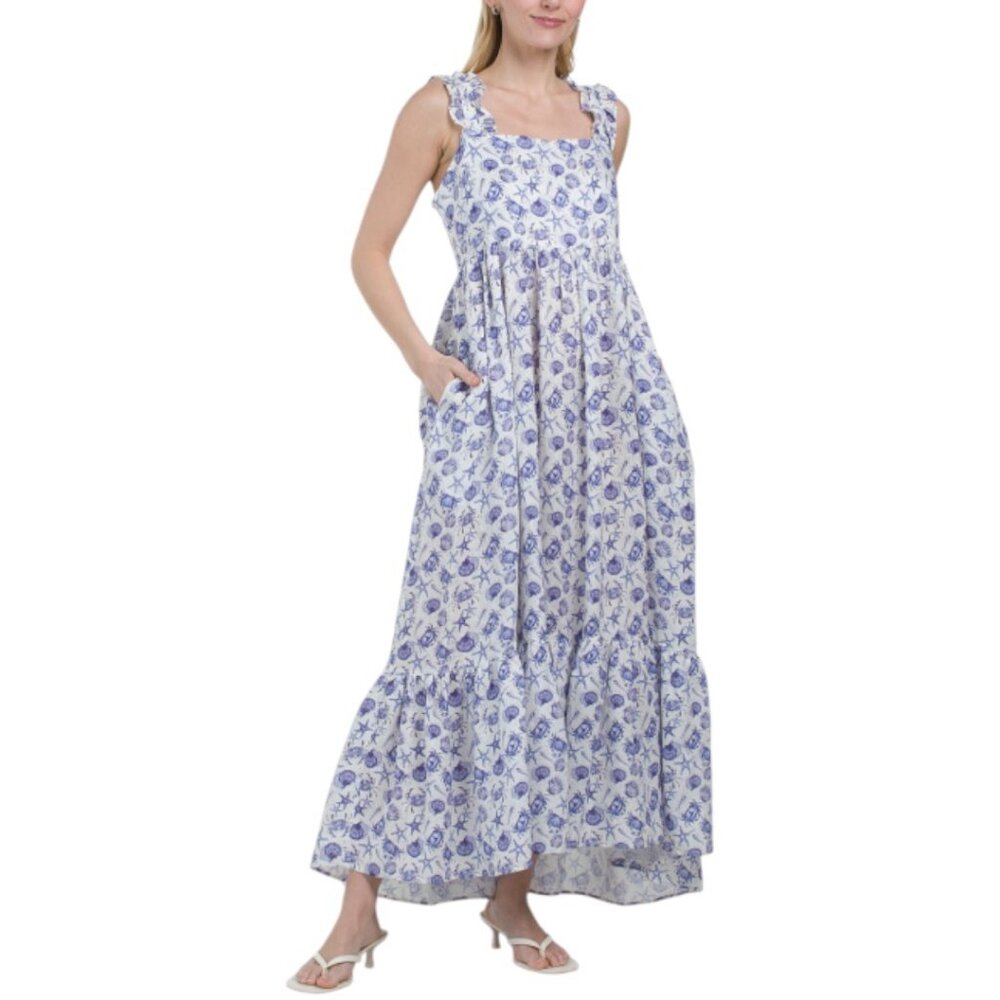 THE LAZY POET Linen Mika Ecru Seashells By The Shore Dress